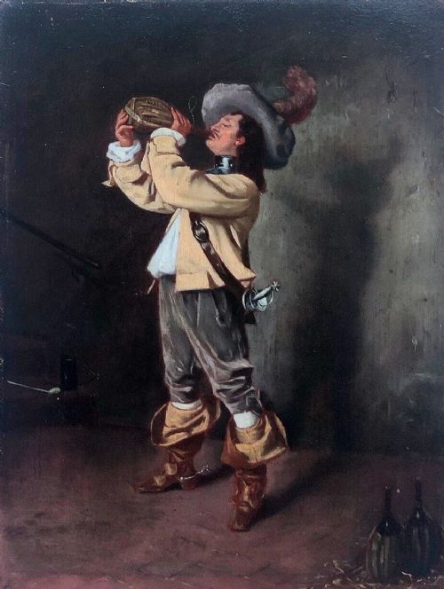 Original 19th Century Antique Oil Painting on Panel A Musketeer Drinking Wine in an Interior