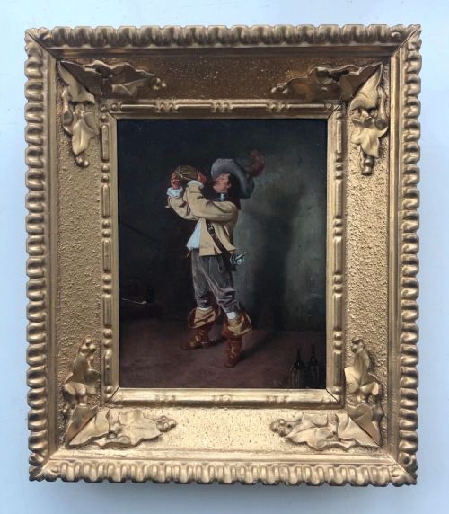 fig 1. Original 19th Century Antique Oil Painting on Panel A Musketeer Drinking Wine in an Interior