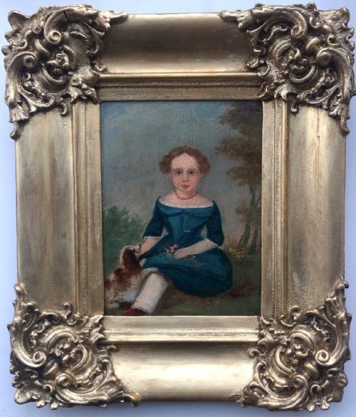 Original Early 19th Century Oil Painting on Wood Panel Girl Seated with a Cavalier Spaniel in a Landscape with Ornate Frame