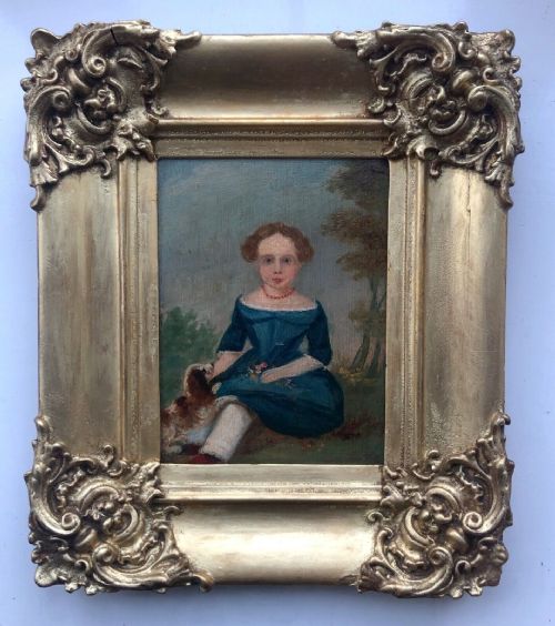 fig 1. Original early 19th Century Oil Painting on Wood Panel Girl Seated with a Cavalier Spaniel in a Landscape with Ornate Frame