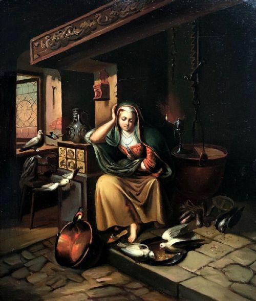 Original Antique Oil Painting on Tin Panel Study of a Young Lady Feeding Pigeons in the Hearth Interior Scene