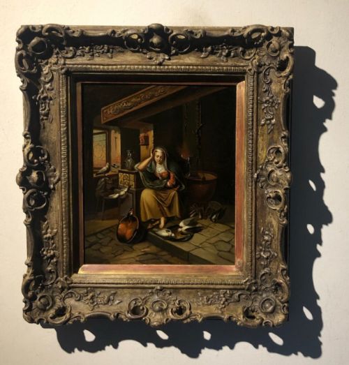 fig 1. Original Antique Oil Painting on Tin Panel Study of a Young Lady feeding Pigeons in the Hearth Interior Scene