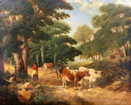 Original 19th Century Antique English Oil Painting on Canvas Cattle & Figure in a Country Lane Landscape