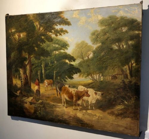 fig 1. Original 19th Century Antique English Oil Painting on Canvas Cattle & Figure in a Country Lane Landscape