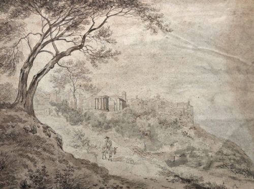 Attributed to Julius Schnorr Von Carolsfeld Original Early 19th Century Antique Grisaille Watercolour Painting a Capriccio Landscape on D & C Blauw Laid Paper