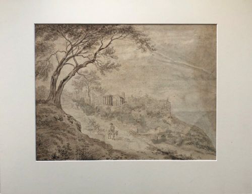 fig 1. Attributed to Julius Schnorr von Carolsfeld Original early 19th Century Antique Grisaille Watercolour Painting A Capriccio Landscape on D & C Blauw Laid Paper