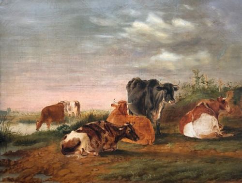 Signed J T Meggeson 1855 Original 19th Century Antique Oil Painting on Canvas Cattle Resting in an English Country Landscape