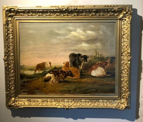fig 1. Signed J T Meggeson 1855 Original 19th Century Antique Oil Painting on Canvas Cattle Resting in an English Country Landscape