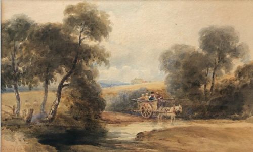 Signed David Cox 1845 Original 19th Century Antique Watercolour Painting Horse & Cart with Farmworkers in an English Landscape