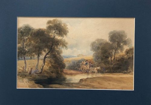 fig 1. Signed David Cox 1845 Original 19th Century Antique Watercolour Painting Horse & Cart with Farmworkers in an English Landscape