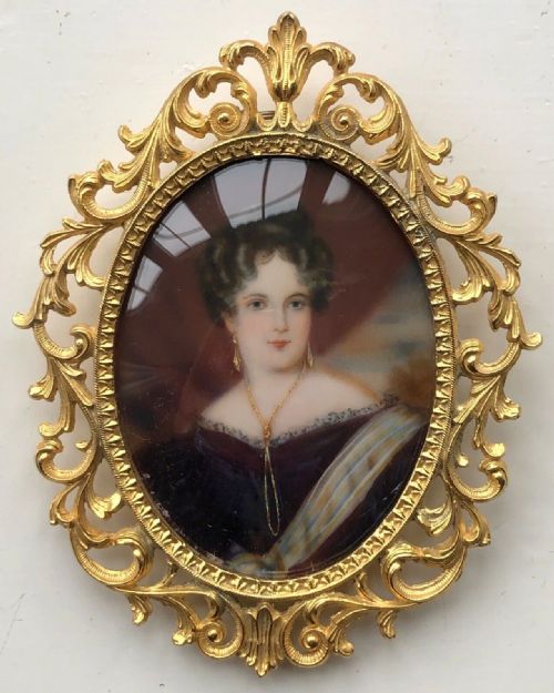 Signed Original 19th Century Antique Miniature Watercolour Portrait Painting of a Victorian Lady