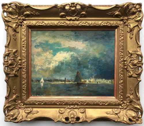 Indistinctly Signed F W Burns Original Early 20th Century Oil Painting on Canvas Attached to Board, Shipping Off River, Scottish Impressionist Seascape