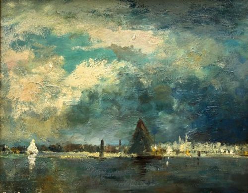 fig 1. Indistinctly Signed F W Burns Original early 20th Century Oil Painting on canvas attached to Board, Shipping off River, Scottish Impressionist Seascape