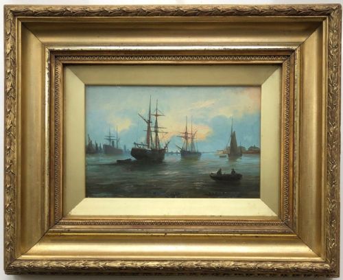 fig 1. Signed E.F. Circle of Edwin Fletcher, Original Late 19th Century Antique Oil Painting on Board Thames Shipping Riverscape