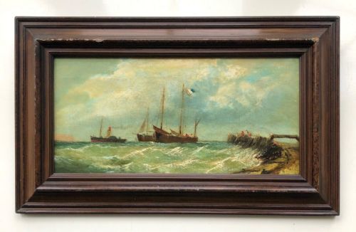 Original French School Late 18th Century Antique Oil Painting on Canvas, Shipping Off the Coast