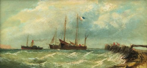 fig 1. Original French School Late 18th Century Antique Oil Painting on Canvas, Shipping off the Coast