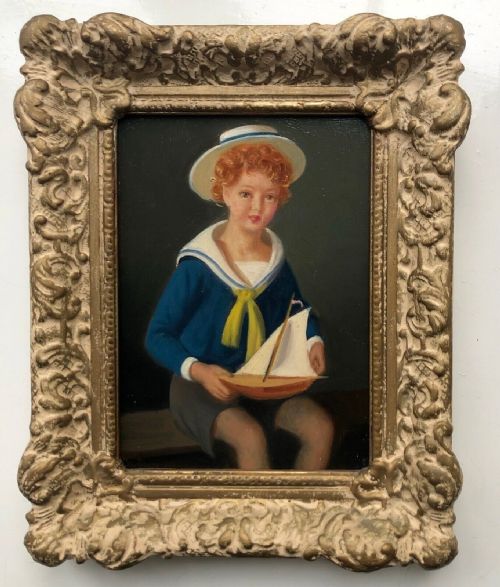 Walter Goodin Original Early 20th Century Antique Oil Painting on Board Portrait of a Boy in a Sailor Suit Holding a Model Boat
