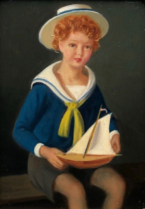 fig 1. Walter Goodin Original Early 20th Century Antique Oil Painting on Board Portrait of a Boy in a sailor Suit Holding a Model Boat