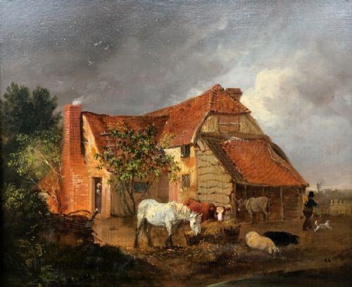 Edmund Bristow Signed Original Early 19th Century Oil Painting on Wood Panel Farmyard Scene with Horse Cattle & Pig English Country Landscape