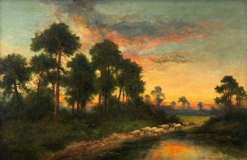 William Langley Signed Original 19th Century Antique Oil Painting on Canvas Herding Sheep at Sunset English Landscape