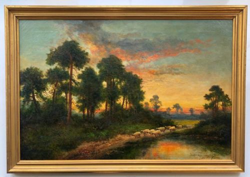 fig 1. William Langley Signed Original 19th Century Antique Oil Painting on Canvas Herding Sheep at Sunset English Landscape 