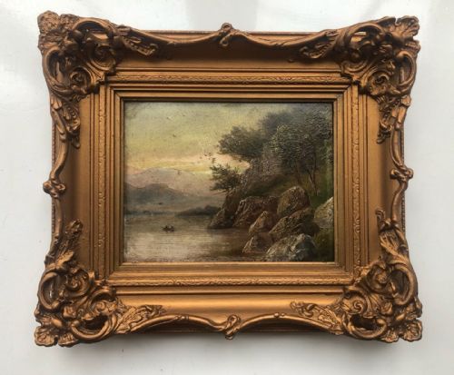 Original 19th Century English School Antique Oil Painting on Board Rocky Lake Landscape
