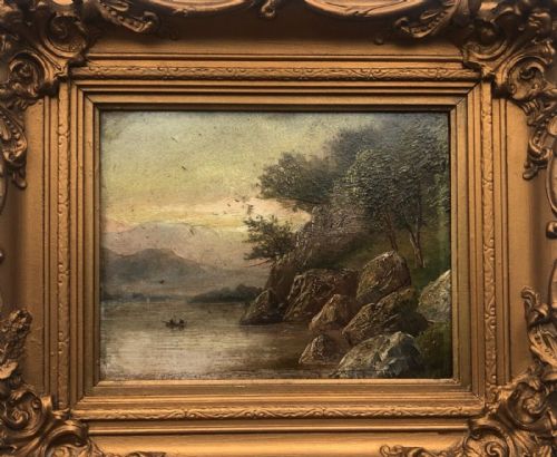 fig 1. Original 19th Century English School Antique Oil Painting on Board Rocky Lake landscape 
