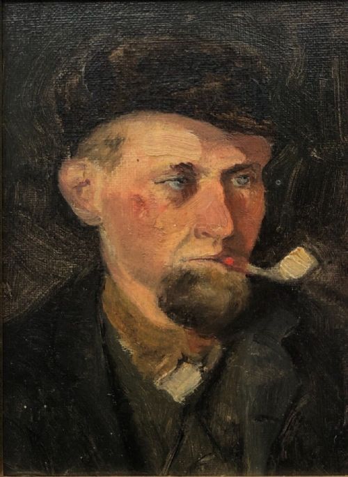 fig 1. Manner of Van Gogh Original 19th Century Antique Dutch School Oil Painting on Canvas Board Portrait of a Man Smoking a Pipe