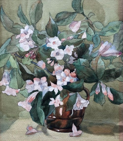 Signed O.h. Olive Higginbottom Original Antique Watercolour Painting, Still Life Flower Study Pink Flowers in a Brown Jug
