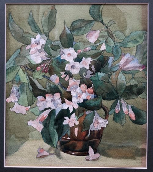 fig 1. Signed O.H. Olive Higginbottom Original Antique Watercolour Painting, Still Life Flower Study Pink flowers in a Brown Jug