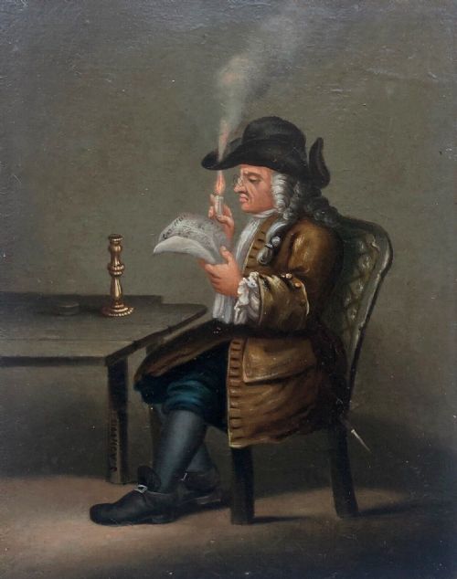 J Ashton Signed Dutch School Style Original Antique Oil Painting on Board, Portrait of Man Reading a Newspaper