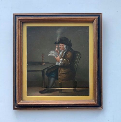 fig 1. J Ashton Signed Dutch School Style Original Antique Oil Painting on Board, Portrait of Man reading a Newspaper