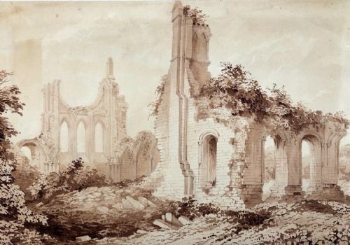 Original :Ate 18th Century Antique Grisaille Watercolour Painting Byland Abbey Ruins Yorkshire Landscape
