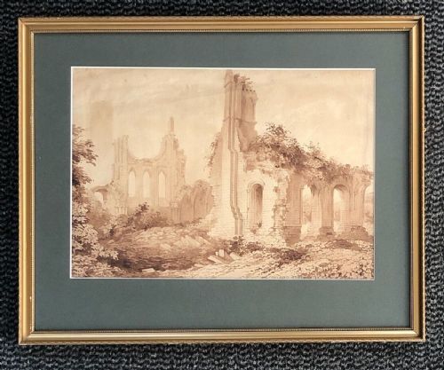 fig 1. Original :ate 18th Century Antique Grisaille Watercolour Painting Byland Abbey Ruins Yorkshire Landscape