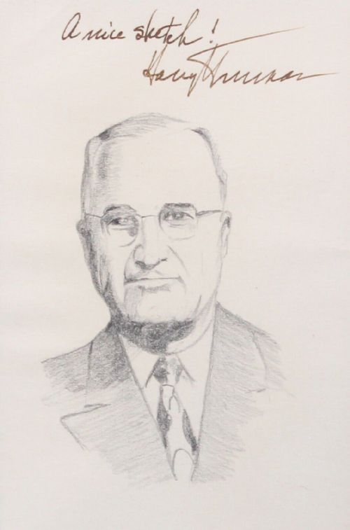 Original Mid 20th Century Vintage Pencil Portrait of Harry S Truman Signed & Inscribed by Sitter