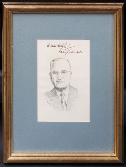 fig 1. Original mid 20th Century Vintage Pencil Portrait of Harry S Truman Signed & Inscribed by Sitter