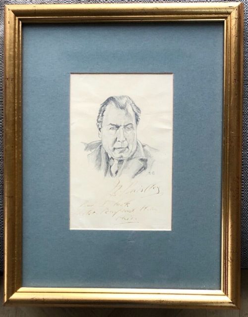 fig 1. Original mid 20th Century Vintage Pencil Portrait of J B Priestley Signed & Inscribed by Sitter