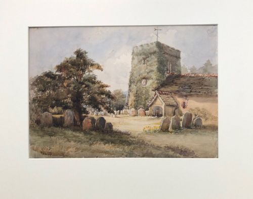 fig 1. Original English School Signed MAH May 1900  Antique Watercolour Painting Church & Graveyard Landscape