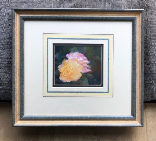 fig 1. Norman J. Battershill RBA ROI PS (1922-2010) Signed Original Oil Painting on Board Pink & Yellow Roses in Glazed Frame