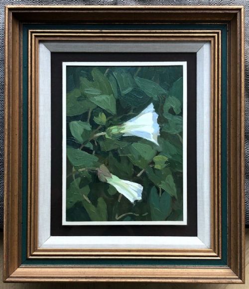 fig 1. Norman J. Battershill RBA ROI PS (1922-2010) Oil Painting on Board Hedgerow Wild Flowers Bindweed Study in Glazed Frame