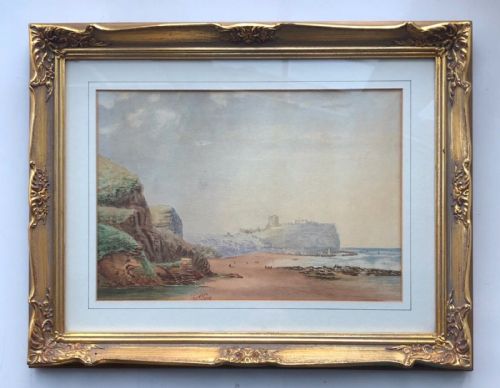 Signed a E Story 1875 Original Victorian Antique Watercolour Painting Scarborough Castle from the South Sands Yorkshire Landscape