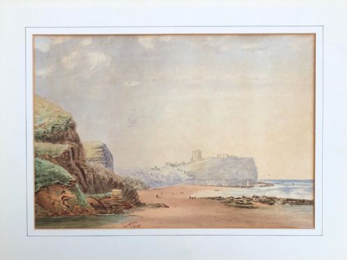 fig 1. Signed A E Story 1875 Original Victorian Antique Watercolour Painting Scarborough Castle from the South Sands Yorkshire Landscape
