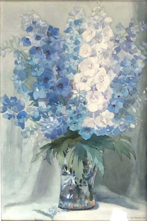 fig 1. Olive Higginbottom Original early 20th Century Antique Watercolour Painting Still Life Delphinium Flowers Painting No.3