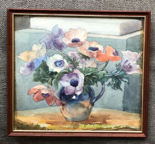 fig 1. Olive Higginbottom Original Early 20th Century Antique Watercolour Painting Still Life Study of Anemone Flowers in a Jug Painting No. 19