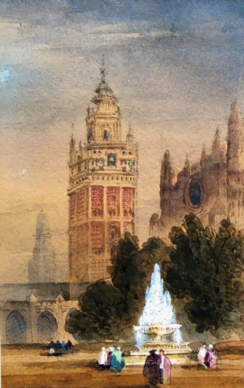 Original 19th Century Antique Watercolour Painting of a Moorish Tower Possibly in Seville Spain Continental Landscape
