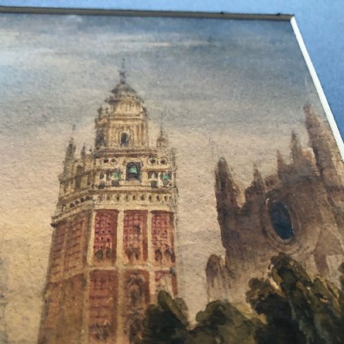 fig 1. Original 19th Century Antique Watercolour Painting of a Moorish Tower possibly in Seville Spain Continental Landscape