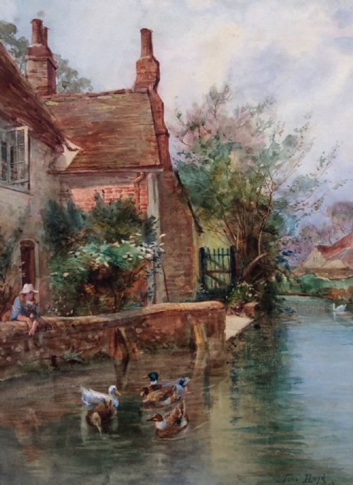 Thomas James Lloyd 1893 Signed Original 19th Century Antique Watercolour Painting Riverside Pond Landscape with Ducks