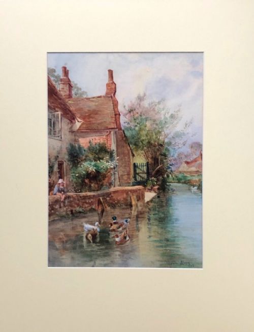 fig 1. Thomas James Lloyd 1893 Signed Original 19th Century Antique Watercolour Painting Riverside Pond Landscape with Ducks