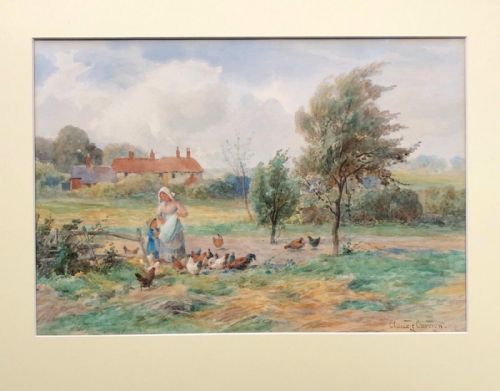 fig 1. Claude Cardon Signed Original 19th Century Antique Watercolour Painting Figures Feeding Chickens English Country Landscape