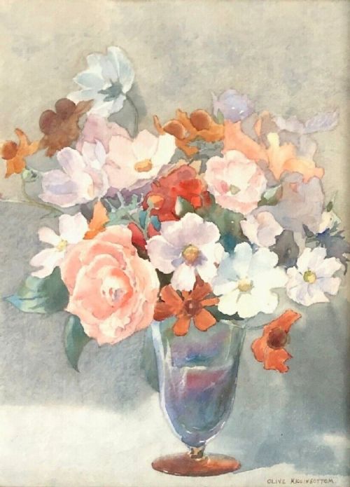 Olive Higginbottom Signed Original early 20th Century Antique Watercolour Painting Still Life Flowers in a Glass Vase Painting No.12